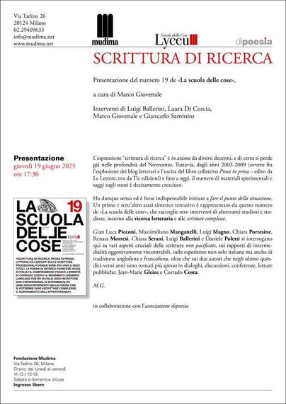 locandina della presentazione de "La scuola delle cose", tabloid n. 19, "Scrittura di ricerca" - a Milano, Fondazione Mudima, 19 giu 2025