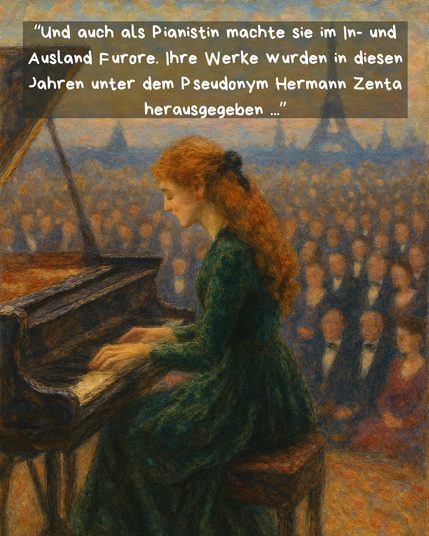 Das Bild zeigt eine Frau mit roten Haaren, die in einem grünen Kleid am Klavier sitzt und spielt. Sie ist in einer Szene dargestellt, die von einem Publikum umgeben ist, das in der Ferne zu sehen ist. Die Frau ist in eine konzentrierte Haltung versunken, während sie die Tasten berührt. Der Hintergrund ist mit einem sanften, impressionistischen Stil gemalt, wobei die Eiffeltürme im Hintergrund erkennbar sind, was auf eine Szene in Paris hinweist. Über dem Bild steht ein Zitat in deutscher Sprache, das die Bedeutung der Frau als Pianistin hervorhebt und erwähnt, dass ihre Werke unter dem Pseudonym Hermann Zenta veröffentlicht wurden.