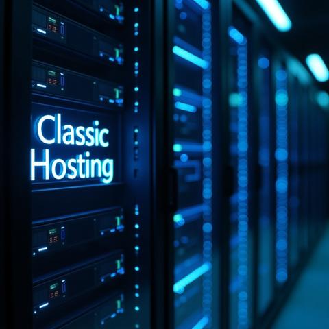 Bild von einem Serverschrank der blaugetönte Anzeigen ausstrahlt. Es hebt sich vom Schrank die Schrift "Classic Hosting" ab.