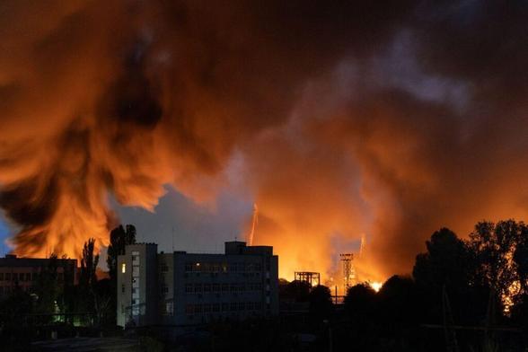 Fire and smoke rise after Russian drone strikes in Kyiv, Ukraine, on June 2025