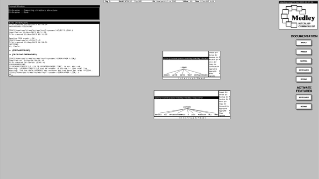 Screenshot of the black and white desktop of a 1980s graphical workstation environment. The desktop has a gray background pattern and some windows with a white background and a title bar with white text on a black background. The two main, similar windows are divided into panes. One major pane shows a graphical directory tree of a file system. Next to it is a pane with a menu of file management commands.