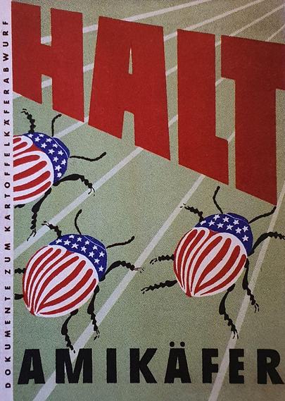 Propagandaplakat; die Illustration zeigt drei große Käfer, die mit amerikanischen Flaggenmustern bemalt sind. Oben steht quer in rot “HALT”, unten kleiner in schwarz “AMIKÄFER”