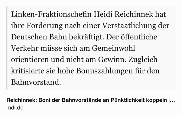 Text Shot: Linken-Fraktionschefin Heidi Reichinnek hat ihre Forderung nach einer Verstaatlichung der Deutschen Bahn bekräftigt. Der öffentliche Verkehr müsse sich am Gemeinwohl orientieren und nicht am Gewinn. Zugleich kritisierte sie hohe Bonuszahlungen für den Bahnvorstand.