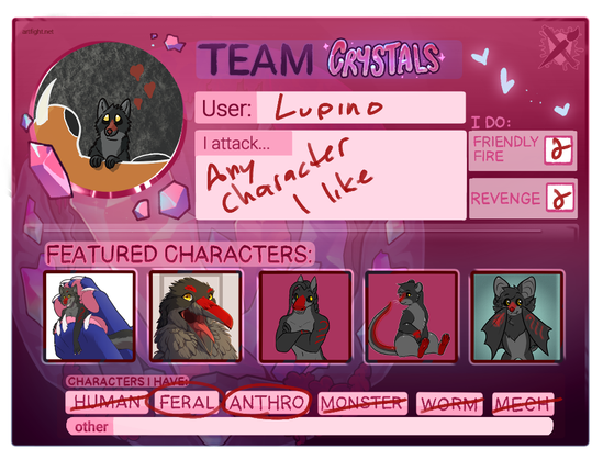 Art Fight card for 2025. The text reads "Team Crystals. User: Lupino, I attack any character I like. I do friendly fire and revenge. My featured characters are, then 5 images of my characters of a wolf, bird, horse, mouse, and bat. Characters I have are feral and anthro"