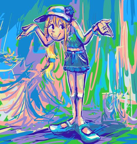 stylized image of a young woman wearing a large hat turned slightly sideways with a "gee i dunno" sort of shrugging gesture standing in front of a vague colorful background