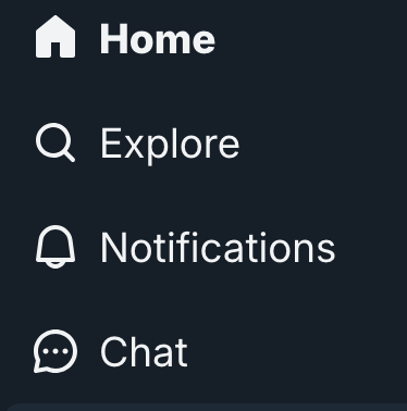 Screenshot of the bluesky sidebar showing in order Home, Explore, Notifications, Chat.