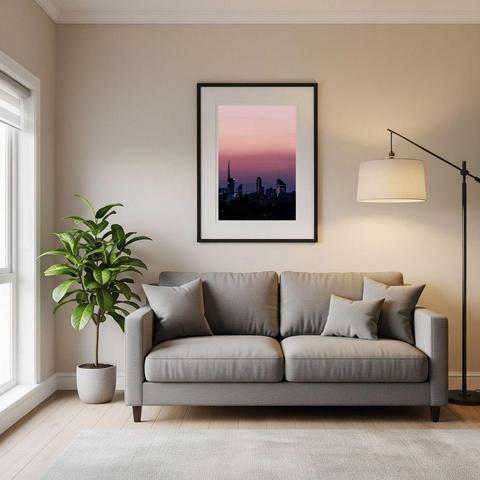 A mock of this month's print in a modern living room.