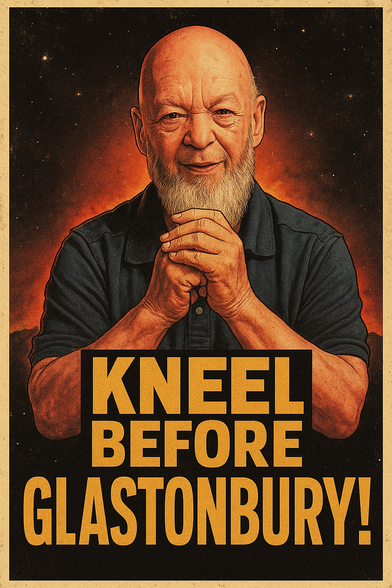 It’s a cartoon picture of Michael Eavis, looking like the genial fellow he is. He has his hands clasped below his chin. The caption, after Zod in Superman 2, is “KNEEL BEFORE GLASTONBURY”