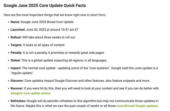 Google June 2025 core update quick facts