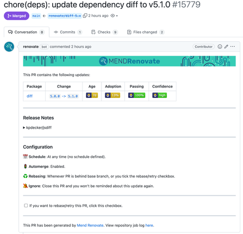 GitHub Pull Request opened by Renovate bot to update the diff package