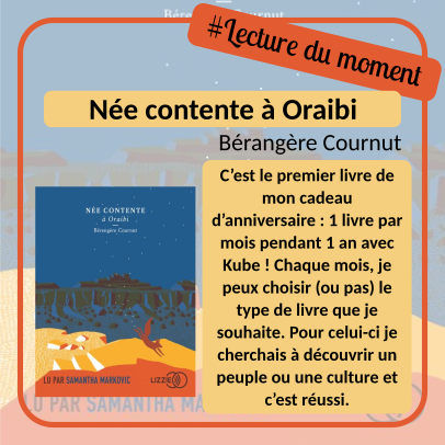 Visuel réalisé à partir de la couverture du livre « Née contente à Oraibi » de Bérangère Cournut. 
Sur le visuel on voit donc le titre du livre, le nom de l'auteur, la couverture, le hashtag #lecturedumoment et le texte du pouet.