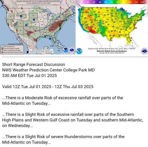 Valid 12Z Tue Jul 01 2025 - 12Z Thu Jul 03 2025

...There is a Moderate Risk of excessive rainfall over parts of the
Mid-Atlantic on Tuesday...

...There is a Slight Risk of excessive rainfall over parts of the Southern
High Plains and Western Gulf Coast on Tuesday and southern Mid-Atlantic,
on Wednesday...

...There is a Slight Risk of severe thunderstorms over parts of the
Mid-Atlantic on Tuesday...