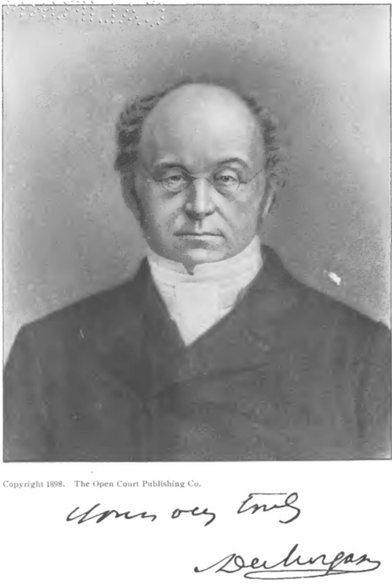 Frontispiece of "On the Study and Difficulties of Mathematics": A full-face painted portrait of Augustus De Morgan, with "Copyright 1898. The Open Court Publishing Co." printed below, and a printed signature reading "Yours very truly, De Morgan."