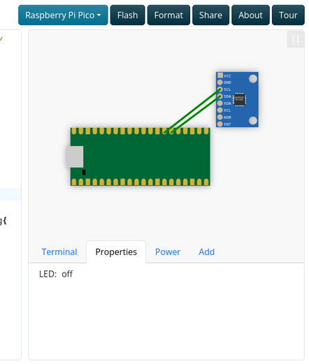Screenshot from a (work-in-progress) addition to tinygo.org/play. It shows a Raspberry Pi Pico connected to a MPU6050 breakout board.