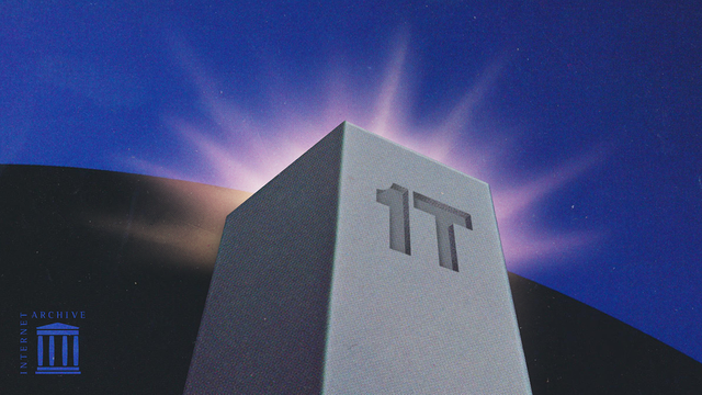 Illustration of a towering monolith with "1T" engraved on it, symbolizing the Internet Archive's milestone of archiving 1 trillion web pages. The monolith stands against a cosmic backdrop with a glowing light behind it, evoking a sense of scale and wonder. The Internet Archive logo appears in the lower left corner.