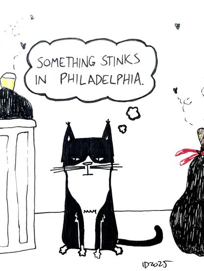 a tuxedo cat sits amid overflowing trash cans, trash bags, and flies and thinks "something stinks in philadelphia."