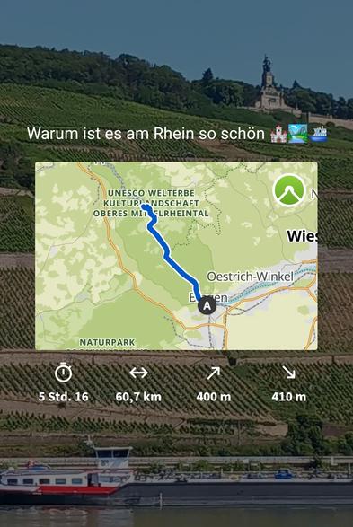 Karte mit eingezeichneter Schifffahrt auf dem Rhein von Bingen nach Sankt Goar, einer Wanderung dort und anschließender Fahrt wieder zurück.