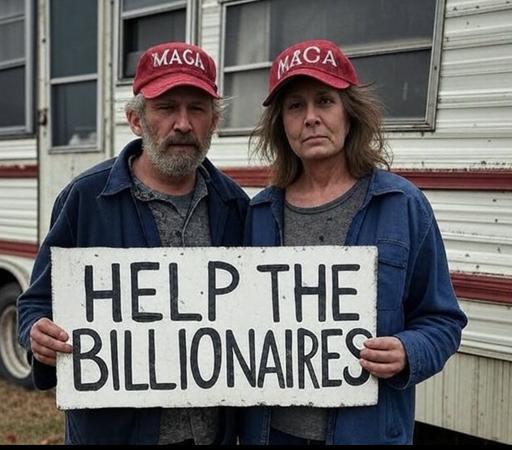 Ein Mann und eine Frau mittleren Alters stehen nebeneinander vor einem alten Wohnwagen. Beide tragen rote „MAGA“-Kappen („Make America Great Again“) und einfache, abgetragene Kleidung in dunklen Tönen. Ihre Gesichter wirken ernst, fast resigniert. Sie halten gemeinsam ein großes, handgemaltes Schild mit der Aufschrift: „HELP THE BILLIONAIRES“. Die Ironie des Bildes liegt in der offensichtlichen Diskrepanz zwischen ihrem eigenen prekären Lebensstil und dem absurden Aufruf, Milliardäre zu unterstützen. Das Bild wirkt wie eine visuelle Satire auf politische Selbsttäuschung und Klassenverblendung.

⸻

📷 Image Description (English):
A middle-aged man and woman stand side by side in front of an old trailer. Both wear red “MAGA” hats (“Make America Great Again”) and simple, worn-out clothing in muted tones. Their expressions are serious, almost resigned. They are holding a large hand-painted sign that reads: “HELP THE BILLIONAIRES.” The irony lies in the stark contrast between their visibly poor living conditions and the absurd plea to support billionaires. The image functions as visual satire, highlighting political self-deception and class delusion.🖖