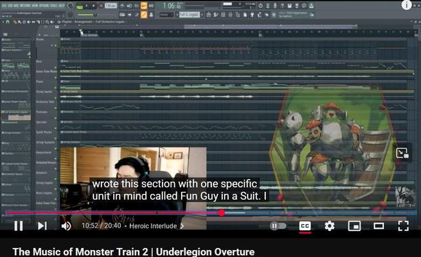 title: The Music of Monster Train 2 | Underground Legion
quote: “wrote this section with one specific unit in mind called Funguy in a Suit.”

screenshot of youtube vid explaining how to compose music in FL studio. Also pictured is a card from the game about mushroom creatures inside a giant suit of armor.