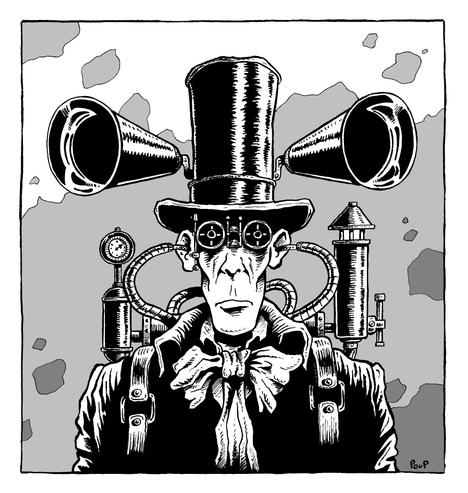 Un personnage, vêtu comme au 19ème siècle,  porte un chapeau haut-de-forme sur lequel sont fixés des hauts-parleurs. Sur son dos il transporte une machine qui alimente en musique les hauts-parleurs et ses oreilles. Ancêtre victorien du walkman ?

A figure, dressed as if in the 19th century, wears a top hat with loudspeakers attached. On his back, he carries a machine that feeds music to the speakers and his ears. A Victorian ancestor of the Walkman?