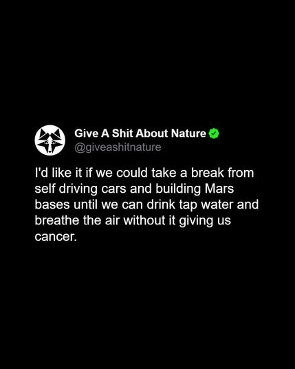 A screenshot of a post from @giveashitnature that reads: I'd like it if we could take a break from self driving cars and building Mars bases until we can drink tap water and breathe the air without it giving us cancer.