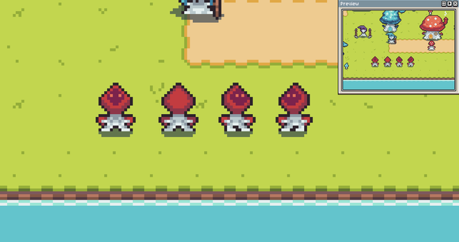 A red mushroom creature with gray arms and legs, in 4 directions, on top of a green grass island.