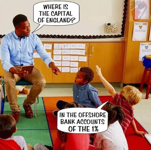 Teacher in a classroom asks "Where is the capital of England?"

One child replies "In the offshore bank accounts of the 1%"