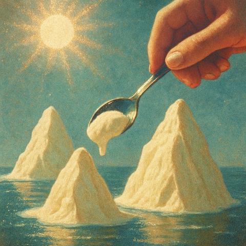 KI-Bild (GPT1 Medium):

Vanilleeisberge schwimmen im Meer. Die Sonne knallt. Eine Hand mit Teelöffel ragt von oben rechts ins Bild. Auf dem Löffel ist etwas Vanilleeis, das anfängt zu tropfen.