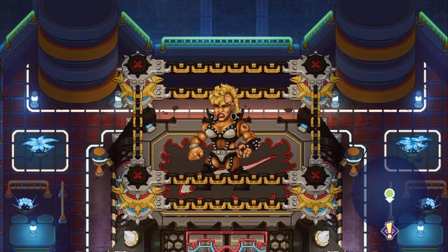 Alt Text Description: Inside the arena, four wrestlers stand ready for action. The ring is surrounded by a vibrant crowd, and the lights of a massive spacecraft dominate the background.