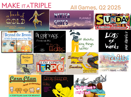 A collage of all fifteen title images of the games releases by Make it a Triple in the second quarter of 2025.