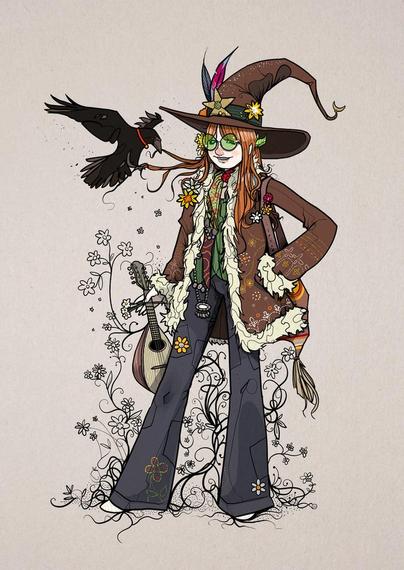 Hippy witch holding flowers and a mandolin. A raven is pulling at her hair.