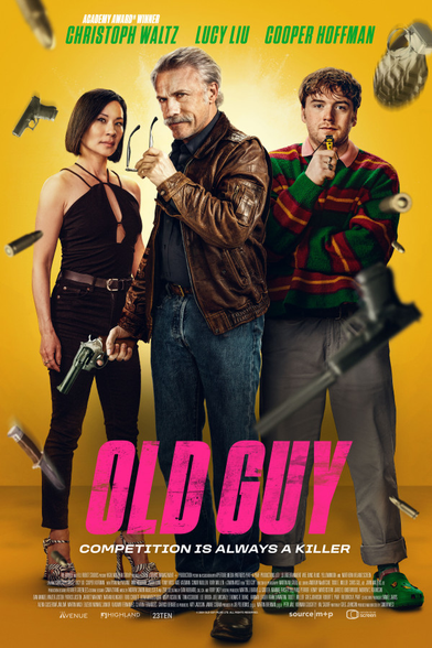 "Old guy" di Simon West, 93 minuti, 2024.

-Bloccato in un vicolo cieco ma in lizza per l'amore della vivace direttrice del club Anata, l'anziano killer su commissione Danny Dolinski è emozionato quando la Compagnia lo richiama in campo, ma solo per addestrare il nuovo arrivato della Generazione Z Wihlborg...- da themoviedb.org 

L’immagine è la locandina del film Old Guy.
Sullo sfondo giallo acceso si stagliano tre personaggi principali, ognuno armato:
-Una donna elegante in abito nero e tacchi (Lucy Liu), con una pistola
-Un uomo più anziano con giacca in pelle marrone (Christoph Waltz), che che tiene in mano occhiali e pistola
-Un giovane dall’aria casual con maglione a righe e scarpe verdi (Cooper Hoffman), anche lui armato

Sparsi intorno a loro ci sono altri oggetti e armi, come granate e pistole.

Il titolo è in grande, in rosa acceso: "Old Guy", con il sottotitolo ironico: competition is always a killer.
