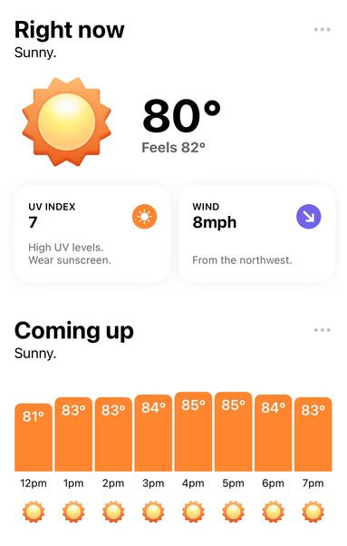 Screenshot from the Hello Weather app showing beautiful sunny 80° weather in the Chicagoland area