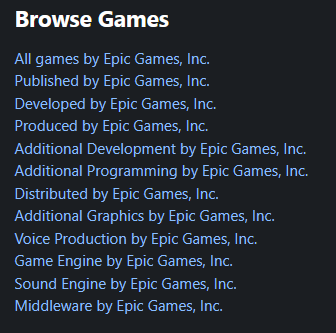 mobygames list of various links to games published, developed, produced, etc. by epic games