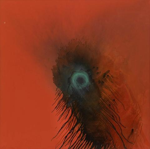 Abstract art: on a red orange background, a black spot that leaks in an oily way to the bottom right, in the middle of which is a blue green circle.  The paint has been ignited and extinguished so that there is smoky residue coming up from the black spot also.