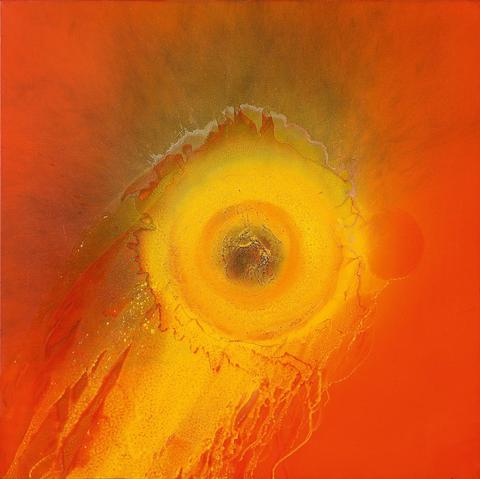 a similar piece with a red orange background and a bright yellow and orange spot leaking to the bottom left, also smoky residue coming up from the spot