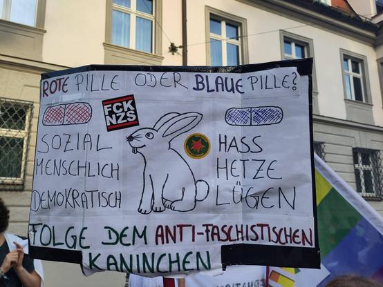 Handgemaltes Demoplakat mit dem Text 
"Rote Pille oder blaue Pille?"
Links eine gemalte rote Pille mit der Beschriftung "sozial menschlich demokratisch", rechts eine blaue mit "Hass Hetze Lügen".
Dazwischen ein gezeichneter Hase und die Schlusszeile "Folge dem antifaschistischen Kaninchen"