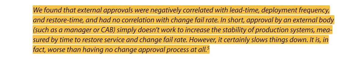 »We found that external approvals were negatively correlated with lead-time, deployment frequency, and restore-time, and had no correlation with change fail rate. In short, approval by an external body (such as a manager or CAB) simply doesn't work to increase the stability of production systems, measured by time to restore service and change fail rate. However, it certainly slows things down. It is, in fact, worse than having no change approval process at all.«