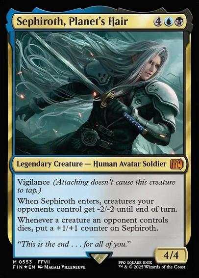A Magic the Gathering card called "Sephiroth, Planet's Heir", except that the title has been quickly photoshopped to read "Sephiroth, Planet's Hair". Subjectively speaking, it is pretty incredible hair in general and this art in particular shows Sephiroth's endless silver locks flowing out behind him in a rather majestic way.