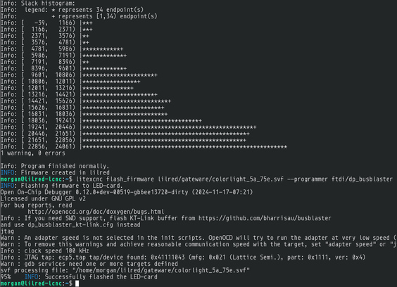 Screenshot of LitexCNC finishing it's build and successfully flashing the ECP5 FPGA on the ColorLight controller.