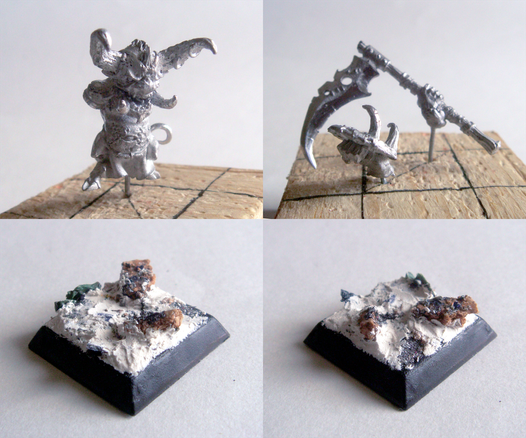 Picture of a mini, frame split into four panels.
Top left : a dwarf figurine, it got horns, a tail and an angry face.
Top right : the dwarf's weapons, a huge scythe and a shield with big fangs.
Bottom left and right : two angles of the square base with some cork, metal shavings and plaster on it to simulate rocks.