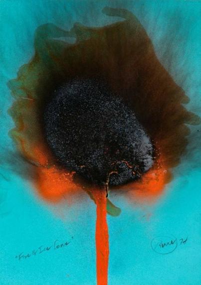a blue-green background with a burned orange flower shape with a burned black charred center and smoke residue radiating from the flower.  there is a solid orange stem shape at the base of the flower shape that flows to the bottom center of the painting