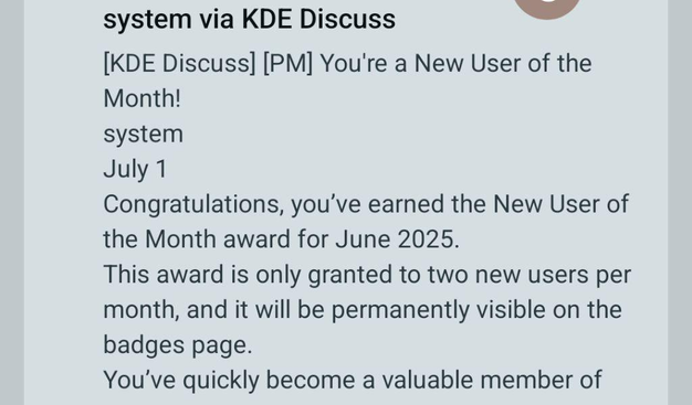 Screenshot of an email telling me I'm KDE Discuss New User of the Month!