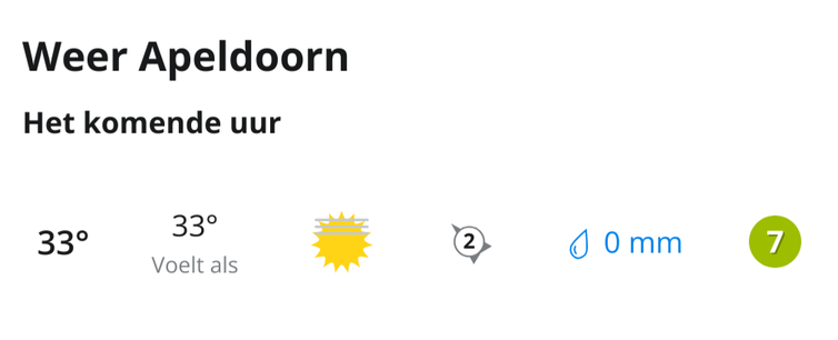 Weather information for the city of Apeldoorn showing a temperature of 33°C for the next hour