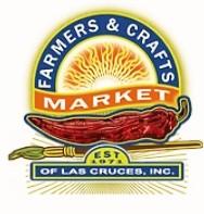 Logo of the Las Cruces Farmers and Crafters Market in Las Cruces New Mexico, showing a red and yellow sun, a red chili pepper and a paint brush.
