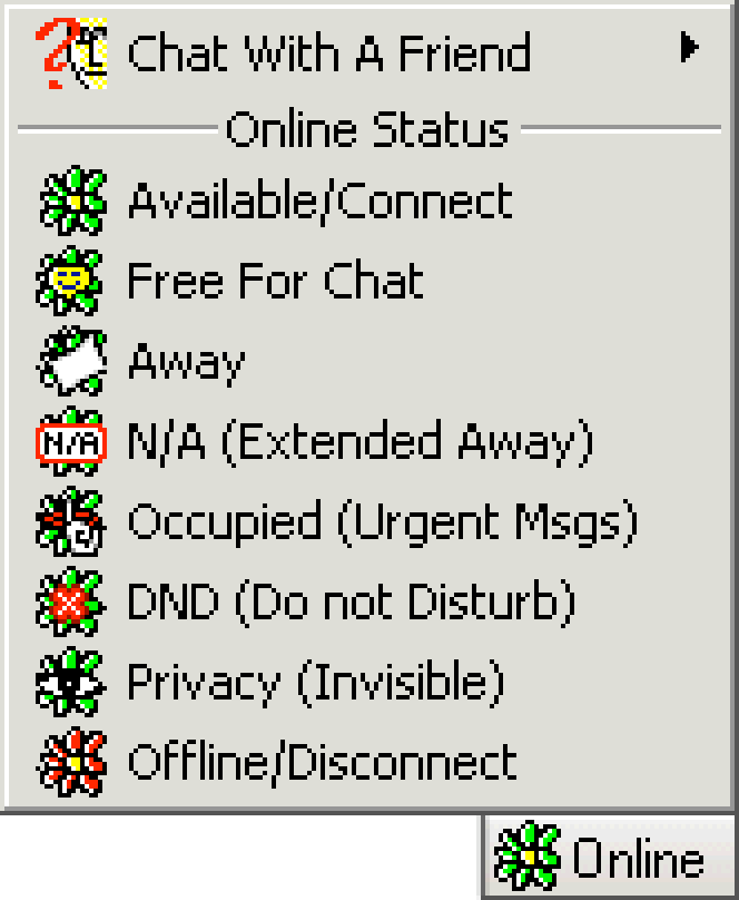 A screenshot of ICQ application showing multiple online statuses: Online Free for chat Away Extended away Occupied  Do not disturb  Invisible  Offline
