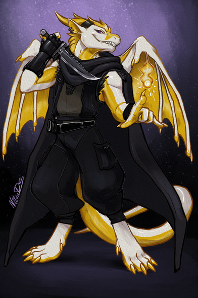 White and Golden anthro dragon in black attire ready to assassinate their targets