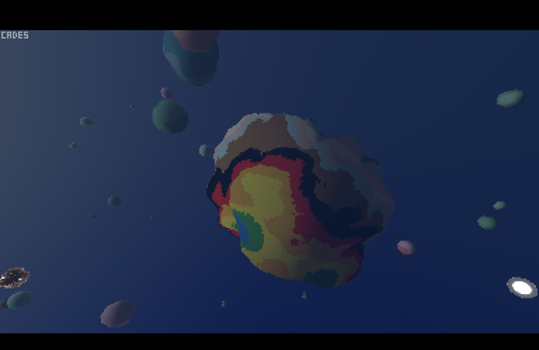a large asteroid floating through a hazy blue sky with other smaller rocks. the large rock is brightly colored in irregular bands with the colors of the progress pride flag