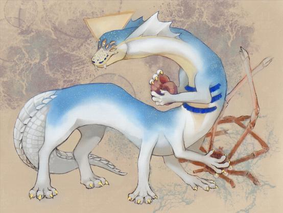 ChaoticGecko OC Leviathan Feral Form, holding a broken Japanese Spider Crab and a Pink Shell