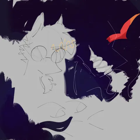 A digital sketch of Sunburst writing in a book with a quill. A foreboding, shadowy figure with a red horn approaches beside him.